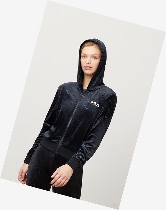Fila Cipriana Embossed Velour Hoodie Blk/Wht | 5689JPECU