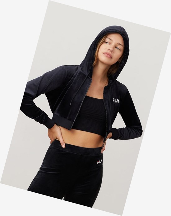 Fila Lou Cropped Velour Hoodie Blk/Wht | 0821WKDJN